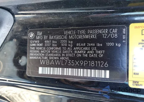 2009 BMW 335I z USA, uszkodzony, nr VIN WBAWL735X9P181126